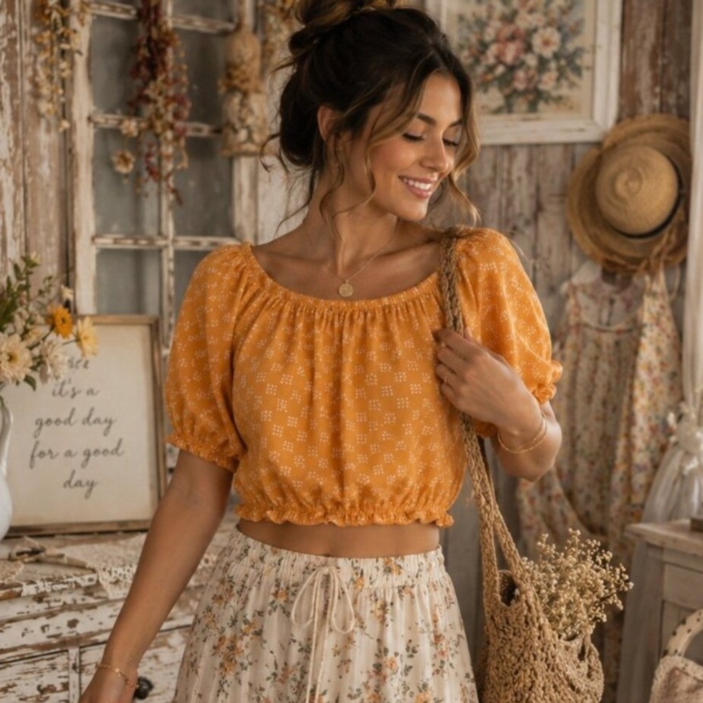 Ava & Viv Orange Boho Peasant Blouse Size X Linen Blend Off Shoulder Top